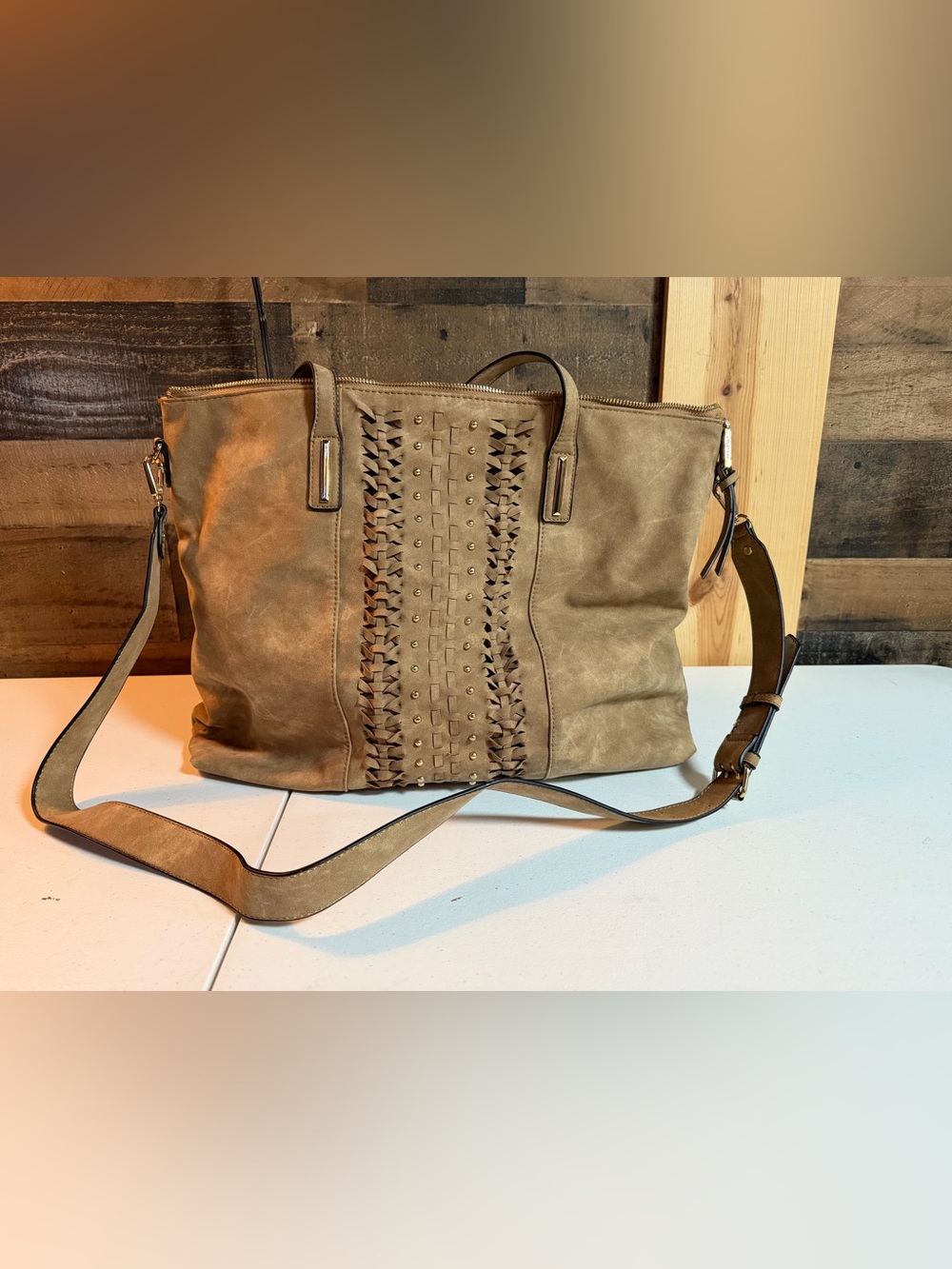 Violet Ray Large Tote Shoulder Bag Tan Brown Woven Studded Convertible Handbag